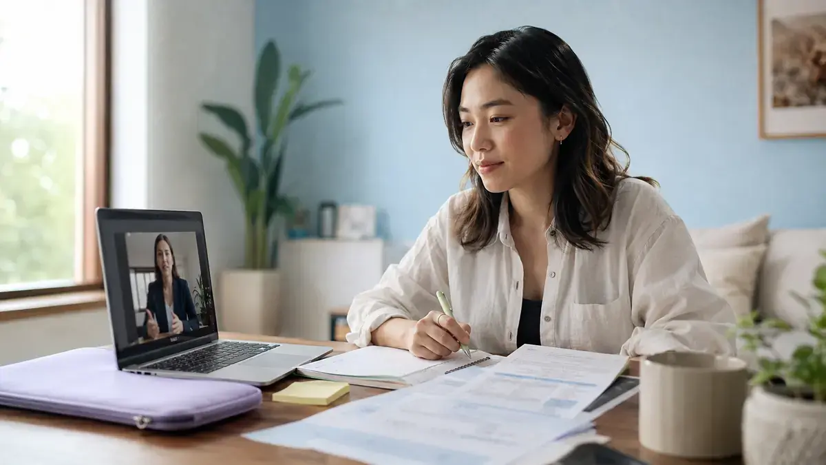 International resident on an advisor video call reviewing German long-term care insurance documents.