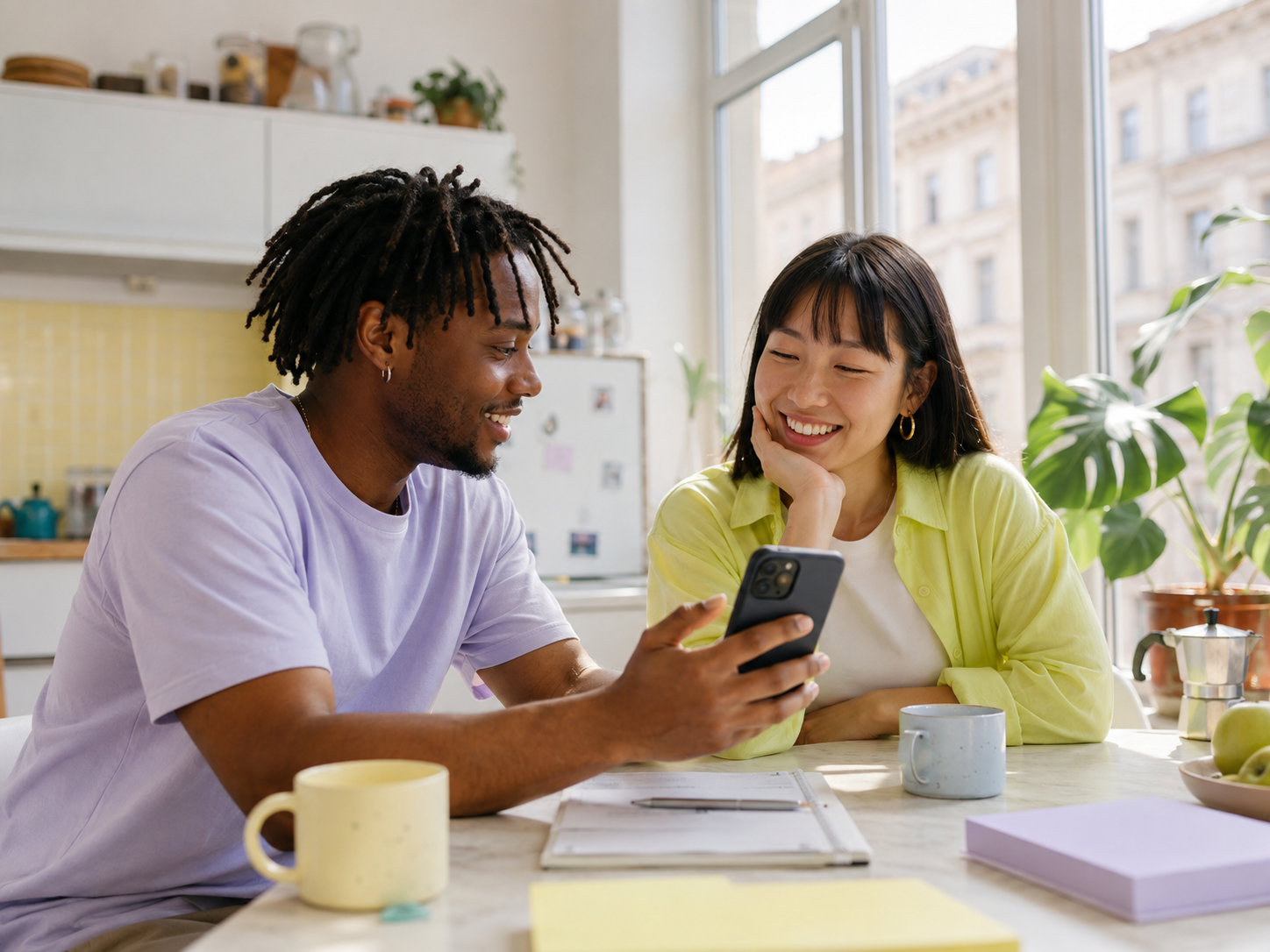 Two friends sharing a referral link on a phone at a bright kitchen table
